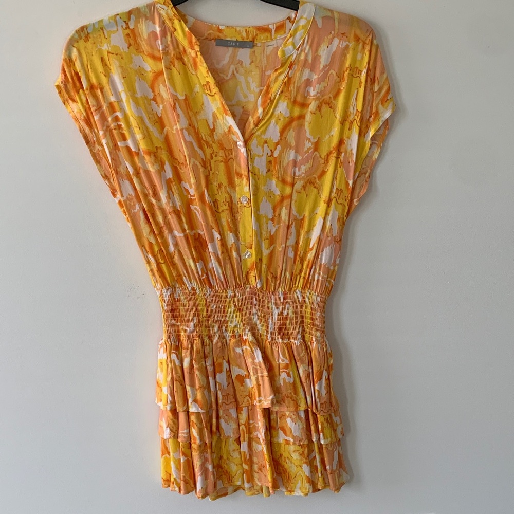 Tart Yellow & Orange Printed Smocked-Waist mini dress XS NWOT